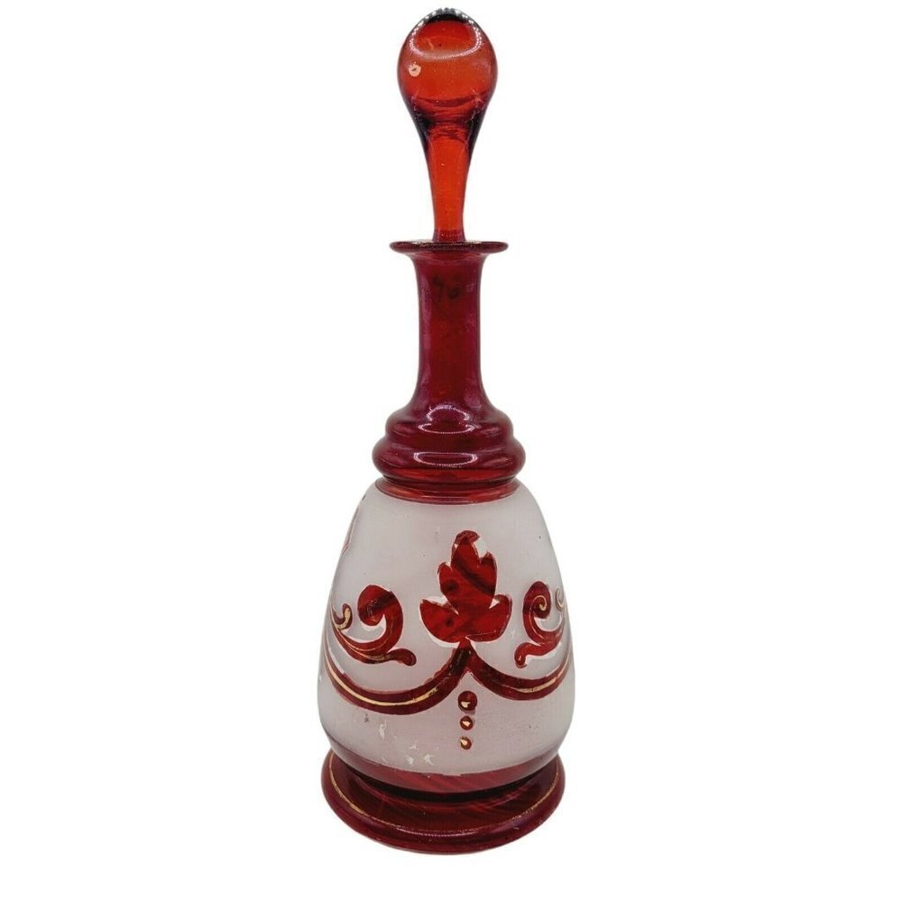 Vintage Bohemian Ruby Red Decanter Frosted Glass Painted Gold Gilding 9" Tall
